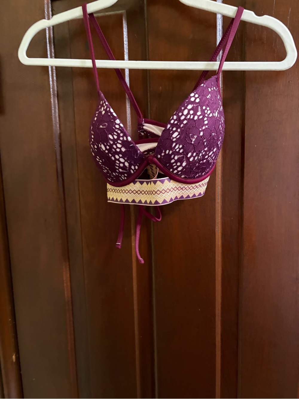 Shade & Shore Plum Lace Bikini Top with Cream Geometric Band
